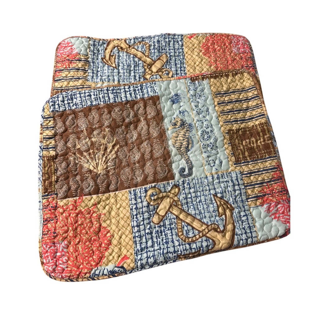 Nautical Beach‎ Quilted Patchwork Accent Pillow sham Coastal Anchor Seahorse
